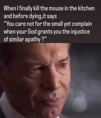When I finally kill the mouse in the kitchen and before dying,it says "You care not for the small yet complain when your God grants you the injustice of similar apathy?"
