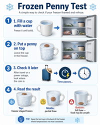 *Frozen Penny Test * A simple way to check if your freezer thawed and refroze. 11. Fill a cup with water Freeze it until solid. 2 2. Put a penny on top Leave the cup in the freezer. 3 3. Check it later After travel or a power outage, look where the coin is. 4 4. Read the result Top: freezer stayed frozen A Middle: partial thaw Time passes... TIP: Keep the test cup in the back of the freezer where temperatures are most consistent. ' . Bottom: V 1 full thaw - food may be unsafe