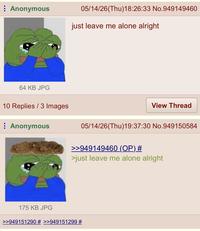 Anonymous 05/14/26(Thu)18:26:33 No.949149460 just leave me alone alright 64 KB JPG 10 Replies 3 Images Anonymous View Thread 05/14/26(Thu)19:37:30 No.949150584 >>949149460 (OP) # >just leave me alone alright 175 KB JPG >>949151290 # >>949151299 #