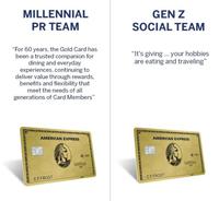 MILLENNIAL PR TEAM "For 60 years, the Gold Card has been a trusted companion for dining and everyday experiences, continuing to deliver value through rewards, benefits and flexibility that meet the needs of all generations of Card Members" GEN Z SOCIAL TEAM "It's giving... your hobbies are eating and traveling" AMERICAN EXPRESS CFFROST 09 7997 AMERICAN EXPRESS CFFROST 09 7997