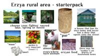 - Erzya rural area starterpack choose your fighter: sacred lake, spring or forest a house that has its own name and never has a door that "par" opens onto the street "maar" garden is like very important (trees!!!) kauri almost everywhere: erzyan food such animals there may be "teshks"s on graves or household items