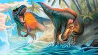 Trex chasing Edmontosaurus on a beach