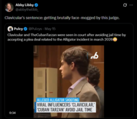 Abby Libby ❤ @abbythelibb_ Clavicular's sentence: getting brutally face-mogged by this judge. Pulcy@Pulcys - May 15 Clavicular and TheCubanTarzan were seen in court after avoiding jail time by accepting a plea deal related to the Alligator incident in march 2026 0:34 ALLEGED ALLIGATOR SHOOTING VIRAL INFLUENCERS 'CLAVICULAR,' 'CUBAN TARZAN' AVOID JAIL TIME