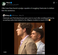Pizza @number_pizza111 0 I like how they found a judge capable of mogging Clavicular to deliver him his sentence. Pulcy @Pulcys - May 15 Clavicular and TheCubanTarzan were seen in court after avoiding jail time by accepting a plea deal related to the Alligator incident in march 2026 0:26 36