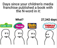 Days since your children's media franchise published a book with the N-word in it: What? 27,342 days 123 SESAME STREET Barney Bob THOMAS Builder & FRIENDS 8'5 ☎'5 8'5