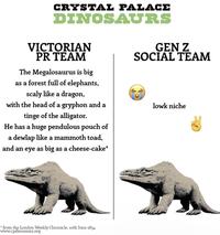 CRYSTAL PALACE DINOSAURS VICTORIAN PR TEAM The Megalosaurus is big as a forest full of elephants, scaly like a dragon, with the head of a gryphon and a tinge of the alligator. He has a huge pendulous pouch of a dewlap like a mammoth toad, and an eye as big as a cheese-cake* GEN Z SOCIAL TEAM lowk niche * from the London Weekly Chronicle, 10th June 1854 www.cpdinosaurs.org