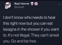 Roxi Horror *** @roxiqt I don't know who needs to hear this right now but you can eat lasagna in the shower if you want to. It's not illegal. They can't arrest you. Go and be free.
