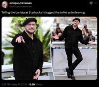 A meme using a photo of Travolta in a beret. It reads, "Telling the barista at Starbucks i clogged the toilet as Im leaving."