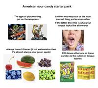 American sour candy starter pack The type of pictures they put on the wrappers Is either not very sour or the most sourest thing you've ever eaten. If the latter, then this is what your tongue looks like afterwards mont mon Always these 5 flavors (if not watermelon then it's almost always sour green apple) 9/10 times either one of these candies is the culprit of tongue injuries HENDE SMARHEADS EXTREME SOUR NET WT. 2:02. (559) TOX TOXIC XIC WAS WASTE STE Hazardo Sour Ca arclously Hazardously ir Candy Sour Candy WHITMINE