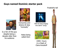 Guys named Dominic starter pack Freakishly tall SPALEXMA FRUIT LOVE ISLAND Consumes and shares AI slop "ironically" WE ARE CHARLIE KIRK Will not stop singing this damn "song" Is a fan of this guy despite being a decade older than his audience Hates being called Dom RIP-OFF 1000+ hours in a Clash of Clans knockoff