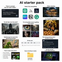 "Here's a prompt that will make it better" PROMPT highly detailed, ultra realistic, cinematic lighting, 8k, photorealistic, trending on artstation "Al will take over the world" Spends way too much time perfecting prompts Al starter pack Uses it for everything Either amazing... Midjourney Canva N G ...or complete nonsense "It's not perfect, but it's getting scary good" 60 tabs open × × x + G google.com/search?q=how+to+make+the+perfec Tries to make money with it Print on demand YouTube automation Al generated ebooks Stock images "Al side hustle" Make $10,000 With AI (EASY) Saves everything it creates AI STUFF (don't delete) Has strong opinions about Al ethics (online) @user123 Al art is stealing from artists. Also look at this prompt I made. 12:34 PM - May 10, 2024 36 Retweets 12 Quote Tweets 289 Likes Secretly worried it will replace their job ツ