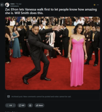 r/pics • 15y ago itsalwaysyou Zac Efron lets Vanessa walk first to let people know how amazing she is. Will Smith does this. th 8 Archived post. New comments cannot be posted and votes cannot be cast. 1.1K 507 ୫ Share