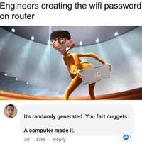 Engineers creating the wifi password on router It's randomly generated. You nuggets. A computer made it. 3d Like Reply 1