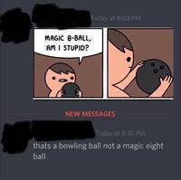 MAGIC 8-BALL, AM I STUPID? Today at 8:03 PM NEW MESSAGES Today at 8:10 PM thats a bowling ball not a magic eight ball