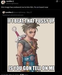 c caroline :) @soonrightaway this image has endeared me to him tbh. I'm on board now caroline:) @soonrightaway May 27 Replying to @melstonemusic IF I BEAT THAT P---- UP IS YOU GON TELL ON ME 10:36 PM - May 27 2026-27.3K Views
