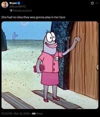A tweet reading, "She had no idea they was gonna play in her face." The tweet uses an image of the "Real Estate Fish.":https://knowyourmeme.com/memes/incidental-49a-real-estate-fish-stan-edits