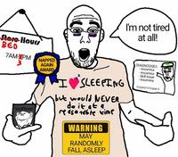Store Hours BED 7AM-XPM NAPPED 3 SoyPhone I'm not tired at all! AGAIN AWARD I SLEEPING but would NEVER do it at a reasonable time WARNING MAY RANDOMLY FALL ASLEEP DIAGNOSISES -Insomnia -Insomnia -Skill Issue -Insomnia Soypital U.Soyjak.A