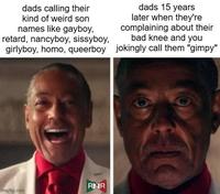 dads calling their kind of weird son names like gayboy, retard, nancyboy, sissyboy, girlyboy, h---, queerboy dads 15 years later when they're complaining about their bad knee and you jokingly call them "gimpy" RR imgflip.com