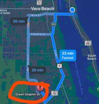 Lagoon ГОНБ NDIAN ER FARMS 26 min Vero Beach 16TH ST FOURTH ST 27TH AV SW 603 26 min SUS-1 S Green Dolphin St 23 min Fastest 713 A1A South Beach River Lagoon Indian River