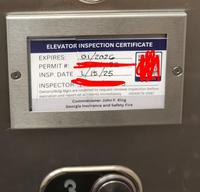 ELEVATOR INSPECTION CERTIFICATE EXPIRES: PERMIT #: 01/2026 INSP. DATE 1/15/25 INSPECTOR Owners/Bldg Mgrs are required to request renewal inspection before expiration and report all accidents immediately Commissioner John F. King (404)679-0687 Georgia Insurance and Safety Fire S