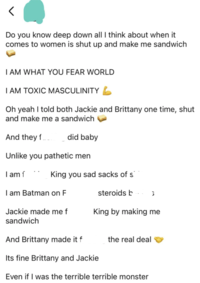 Do you know deep down all I think about when it comes to women is shut up and make me sandwich I AM WHAT YOU FEAR WORLD I AM TOXIC MASCULINITY Oh yeah I told both Jackie and Brittany one time, shut and make me a sandwich And they f did baby Unlike you pathetic men I am f King you sad sacks of s I am Batman on F steroids b } Jackie made me f King by making me sandwich And Brittany made it f the real deal Its fine Brittany and Jackie Even if I was the terrible terrible monster