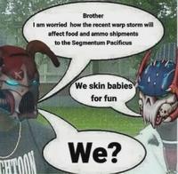 Brother I am worried how the recent warp storm will affect food and ammo shipments to the Segmentum Pacificus We skin babies for fun We?