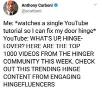 Anthony Carboni ◆ @acarboni Me: *watches a single YouTube tutorial so I can fix my door hinge* YouTube: WHAT'S UP, HINGE- LOVER? HERE ARE THE TOP 1000 VIDEOS FROM THE HINGER COMMUNITY THIS WEEK. CHECK OUT THIS TRENDING HINGE CONTENT FROM ENGAGING HINGEFLUENCERS