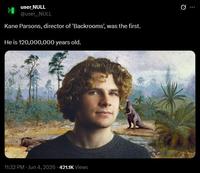 user_NULL > @user_NULL Kane Parsons, director of 'Backrooms', was the first. He is 120,000,000 years old. 11:32 PM - Jun 4, 2026 -421.1K Views B