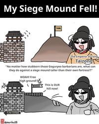 My Siege Mound Fell! TANG 2nd Emperor of Tang Taizong "No matter how stubborn those Goguryeo barbarians are, what can they do against a siege mound taller than their own fortress?!" WOAH! Free high ground! This is OUR hill now! To Be Continued @moriko38