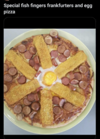 Special fish fingers frankfurters and egg pizza