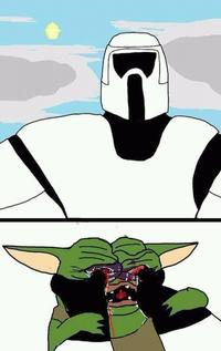 A meme showing a scout trooper gouging out Baby Yoda's eyes. 