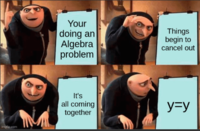 imgflip.com Your doing an Algebra problem Things begin to cancel out It's all coming together y=y