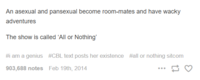 An asexual and pansexual become room-mates and have wacky adventures The show is called 'All or Nothing' #i am a genius #CBL text posts her existence #all or nothing sitcom 903,688 notes Feb 19th, 2014