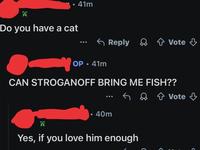 41m Do you have a cat Reply & Vote ↓ + OP • 41m CAN STROGANOFF BRING ME FISH?? • 40m A Yes, if you love him enough Vote