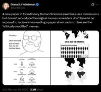 Diana S. Fleischman @sentientist A new paper in Evolutionary Human Sciences examines race memes on x but doesn't reproduce the original memes so readers don't have to be exposed to racism when reading a paper about racism. Here are the "ethically modified" memes. I'm sorry [text removed] but we need him for the football team early flight earthen dwelling 1960s 500 moon landing earthen dwelling 2000s digital innovation earthen dwelling 2020s social unrest earthen dwelling 5:21 PM ⚫ Jun 19, 2026 3.3M Views GOTTA HELP THE MINORITIES Global Population by Race DIGITALLY DIGITALLY ALTERED