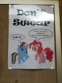 A poster for a school competition where Pinkie Pie tells Rainbow Dash to not swear. Posted to Tumblr in 2013 at URL: https://mylittlepony4u.tumblr.com/post/43993017518/our-school-had-a-competition-to-design-a-poster