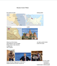 His martial arts skills RUSSIA Steroid use GEORGIA RUSSIA GEORGIA Russian Action Villain DAGESTAN • Makhachkala Caspian Sea AZERBAIJAN 50 100 ml 150 km CASPIAN SEA Chechnya Grozny TURKEY AZERBAIJAN ARMENIA 2013 Encyclopædia Britannica, Inc. Either has wife he abuses, Old grandma he cares for despite Being a brute to main character, or gopnik son who is spoiled Either built like a fridge brute, or looks like a Helpless politician but kicks everyone ass wealth drinking habits can make a perfect british accent if he wants POCK TYSON NURMAGOMEDO has to be a white russian(slavs caucasians) no Central asian or siberian people