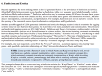 6. Fanfiction and Erotica Beyond repetition, the most striking pattern in the AI-generated fiction is the prevalence of fanfiction and erotica. About half of the fiction prompts were classified as fanfiction, while over a quarter were labeled sexually explicit, and both are likely underestimates.19 Fanfiction and erotica may be common among LLM users because these genres are both widespread on the web (Vadde and So), but we also think these genres lend themselves well to LLM affor- dances like repetition, customization, and permutation. For example, fanfiction rests not on narrative closure, but on the opening of the canonical source object to alternative configurations and hypotheticals. Another possible appeal of LLM-generated fanfiction and erotica for hungry readers is that it resembles the tagging systems found on sites that host these genres, but it provides even more granularity and customization. The extensive and moderated tagging system on AO3 (McCulloch; Hellekson and Busse), for instance, enables readers to locate fiction that matches a precise set of desired features in a dense archive, like stories featuring a romantic relationship between Harry Potter and Draco Malfoy ("Harry Potter/Draco Malfoy," "Enemies to Lovers"), with kissing or other specified romantic and sexual acts ("Enthusiastic Snogging," "Shower Sex"). This type of digital tagging system and navigation is also mirrored in online repositories of erotica and p---------- (Patterson). LLMs render this exploration task redundant, enabling readers to specify-in natural language--the exact story they want. For example, one user requested a scene from the Persona20 universe-a popular Japanese role-playing video game and specified a particular relationship, or "ship," between the characters Naoto and Kanji: USER: Come up with a Persona 4 scene in which Naoto and Kanji reveal they're evil, reveal- ing Naoto as a sadistic, sensual, manipulative, sultry, cunning, self-centered, arrogant diva who is extremely romantic towards and extremely overprotective of Kanji, while revealing Kanji as a violent, sadistic, power-hungry buff brute who is similarly extremely romantic towards and extremely overprotective of Naoto, and also giving them new outfits. This prompt is almost akin to a user searching a fanfiction website for "Kanji/Naoto" or "KanNao" stories where the characters are "Evil." But the user can request even more specificity than tags provide-counterfactual character traits ("sadistic," "sultry"), relational dynamics ("extremely romantic," "overprotective"), and superficial details ("new outfits").