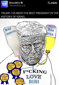 NEWS NewsWire ⭑ X.com WIRE @NewsWire_US TRUMP: I'VE BEEN THE BEST PRESIDENT IN THE HISTORY OF ISRAEL. Bibi sperm Humiliated myself for Bibi Betrayed MAGA for Bibi Gave US money to Bibi Bombed another country for Bibi F*CKING LOVE No longer a--- virgin because of Bibi BIBI Bibi piss