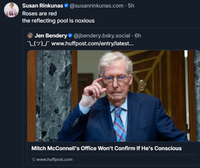 Susan Rinkunas@susanrinkunas.com -5h 6 Roses are red the reflecting pool is noxious Jen Bendery @jbendery.bsky.social . 6h L()/www.huffpost.com/entry/latest... 9000 Mitch McConnell's Office Won't Confirm If He's Conscious www.huffpost.com