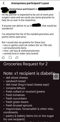 Anonymous participant's post Anonymous participant is Hi! My partner is expected to be out of work post surgery soon and we could use some groceries to help tie us over in the meantime. If anyone can deliver to us in wonderful! that would be ' I've attached the list of the needed groceries and pantry items (see pics). But I would also be grateful for these too! • new or gently used cat collars (for an 11lb cat) • cat brush/comb items. • misc. cat toys & clothes/costumes • canned tuna in water (any brand) о Groceries Request for 2 Note: x1 recipient is diabetic ⚫ deli sliced cheese • sandwich bread deli meat (hog's head cheese esp!) ⚫ romaine lettuce • • • fresh collard or mustard greens fresh tomatoes fresh cucumbers fresh green beans fresh brussel sprouts mayonnaise, horseradish & other misc. condiments • pastry & bakery items (no or low sugar for one recipient)