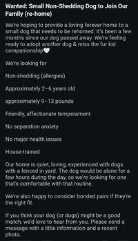 Wanted: Small Non-Shedding Dog to Join Our Family (re-home) We're hoping to provide a loving forever home to a small dog that needs to be rehomed. It's been a few months since our dog passed away. We're feeling ready to adopt another dog & miss the fur kid companionship We're looking for Non-shedding (allergies) Approximately 2-6 years old approximately 9-13 pounds Friendly, affectionate temperament No separation anxiety No major health issues House-trained Our home is quiet, loving, experienced with dogs with a fenced in yard. The dog would be alone for a few hours during the day, so we're looking for one that's comfortable with that routine. We're also happy to consider bonded pairs if they're the right fit. If you think your dog (or dogs) might be a good match, we'd love to hear from you. Please send a message with a little information and a recent photo.