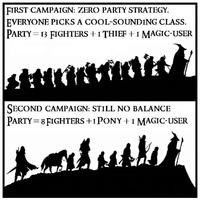 FIRST CAMPAIGN: ZERO PARTY STRATEGY. EVERYONE PICKS A COOL-SOUNDING CLASS. PARTY 13 FIGHTERS +1 THIEF +1 MAGIC-USER SECOND CAMPAIGN: STILL NO BALANCE PARTY=8 FIGHTERS +1 PONY +1 MAGIC-USER