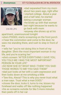 : Anonymous Histe 236 KB JPG 07/12/26(Sun)04:46:24 No.85056354 >dad separated from my mom about two years ago, right after I started college. About a year and a half later, he started dating a younger woman. >he broke up with that woman last night because he wants to go back with mom >anyway she shows up at his apartment, unannounced tonight >she's P-----, starts screaming on the front porch >I hear the commotion and come to the door, he sees me standing there, and rush to step in front of me > tells her "you're not doing this in front of my daughter. She's the most important woman in my life, and you're scaring her." >she's scream "AFTER EVERYTHING I GAVE YOU, YOU TOLD ME I WAS THE MOST IMPORTANT PERSON IN YOUR LIFE" >SO NOW SHE IS? WHAT WAS I THEN? YOU SAID THOSE WORDS TO ME! YOU SAID THEM!" >dad just looks at her with a calm expression and then looks down at me smirking a little >"See this, Alexia? This is why you never trust what a man says. Trust what a man DOES." >closes the door, locks it, turns to me, kisses my forehead and walks off like nothing happened >his ex screams outside for like 5 more minutes then peels off in her car