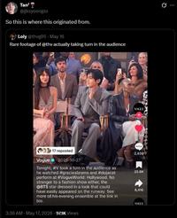 Tan @jjksyoongss So this is where this originated from. Loly @thvg95 May 16 Rare footage of @thy actually taking turn in the audience 17 reposted Vogue 2025-10-27 Tonight, #V took a turn in the audience as he watched #gracieabrams and #dojacat perform at #VogueWorld: Hollywood. No stranger to a fashion show either, the @BTS star dressed in a look that could have easily appeared on the runway. See more of his evening ensemble at the link in bio. 3:36 AM - May 17, 2026 - 97.1K Views VOGUE 397.6K 2,830 25.8K 8,410 Q VOGUE