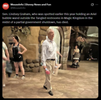 m! MouseInfo | Disney News and Fun www.@MouseInfo Sen. Lindsey Graham, who was spotted earlier this year holding an Ariel bubble wand outside the Tangled restrooms in Magic Kingdom in the midst of a partial government shutdown, has died. WANTED ULF