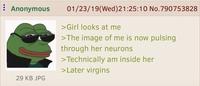 Anonymous 01/23/19(Wed) 21:25:10 No.790753828 >Girl looks at me >The image of me is now pulsing through her neurons >Technically am inside her >Later virgins 29 KB JPG