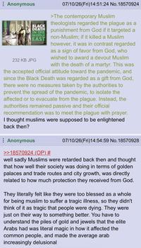 Anonymous BLACK DEATH IN THE MIDDLE EAST 232 KB JPG 07/10/26(Fri)14:51:24 No. 18570924 >The contemporary Muslim theologists regarded the plague as a punishment from God if it targeted a non-Muslim; if it killed a Muslim however, it was in contrast regarded as a sign of favor from God, who wished to award a devout Muslim with the death of a martyr. This was the accepted official attitude toward the pandemic, and since the Black Death was regarded as a gift from God, there were no measures taken by the authorities to prevent the spread of the pandemic, to isolate the affected or to evacuate from the plague. Instead, the authorities remained passive and their official recommendation was to meet the plague with prayer. I thought muslims were supposed to be enlightened back then? Anonymous >>18570924 (OP) # 07/10/26(Fri)14:54:59 No. 18570928 well sadly Muslims were retarded back then and thought that how well their society was doing in terms of golden palaces and trade routes and city growth, was directly related to how much protection they received from God. They literally felt like they were too blessed as a whole for being muslim to suffer a tragic illness, so they didn't think of it as tragic that people were dying. They were just on their way to something better. You have to understand the piles of gold and jewels that the elite Arabs had was literal magic in how it affected the common people, and made the average arab increasingly delusional