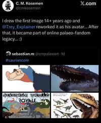 C. M. Kosemen @cmkosemen X.com I drew the first image 14+ years ago and @Trey_Explainer reworked it as his avatar... After that, it became part of online palaeo-fandom legacy... :) sebastian.m @smpaleoart 1d #sauriancore DINOSAUR BOTTLE ROYALE gigantic Diplodocus to the terrifying T-Rex