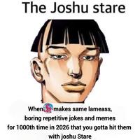 The Joshu stare When Stomakes same lameass, boring repetitive jokes and memes for 1000th time in 2026 that you gotta hit them with joshu Stare
